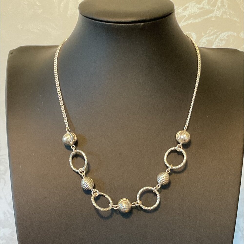 Vintage Silver-Tone Necklace With Textured Beads & Rings